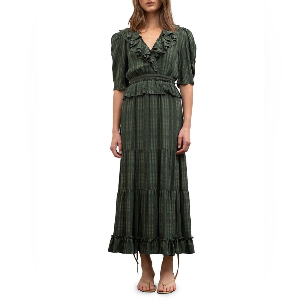 Moon River Ruffled V-Neck Tiered Midi Dress